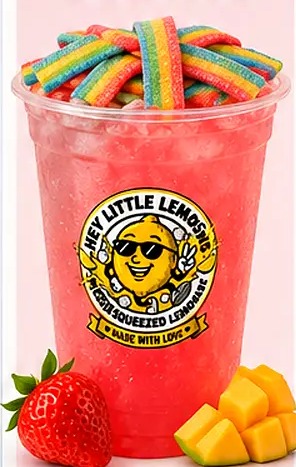 Rainbow Rush lemonade โ Strawberry + Mango, topped with Rainbow Belts